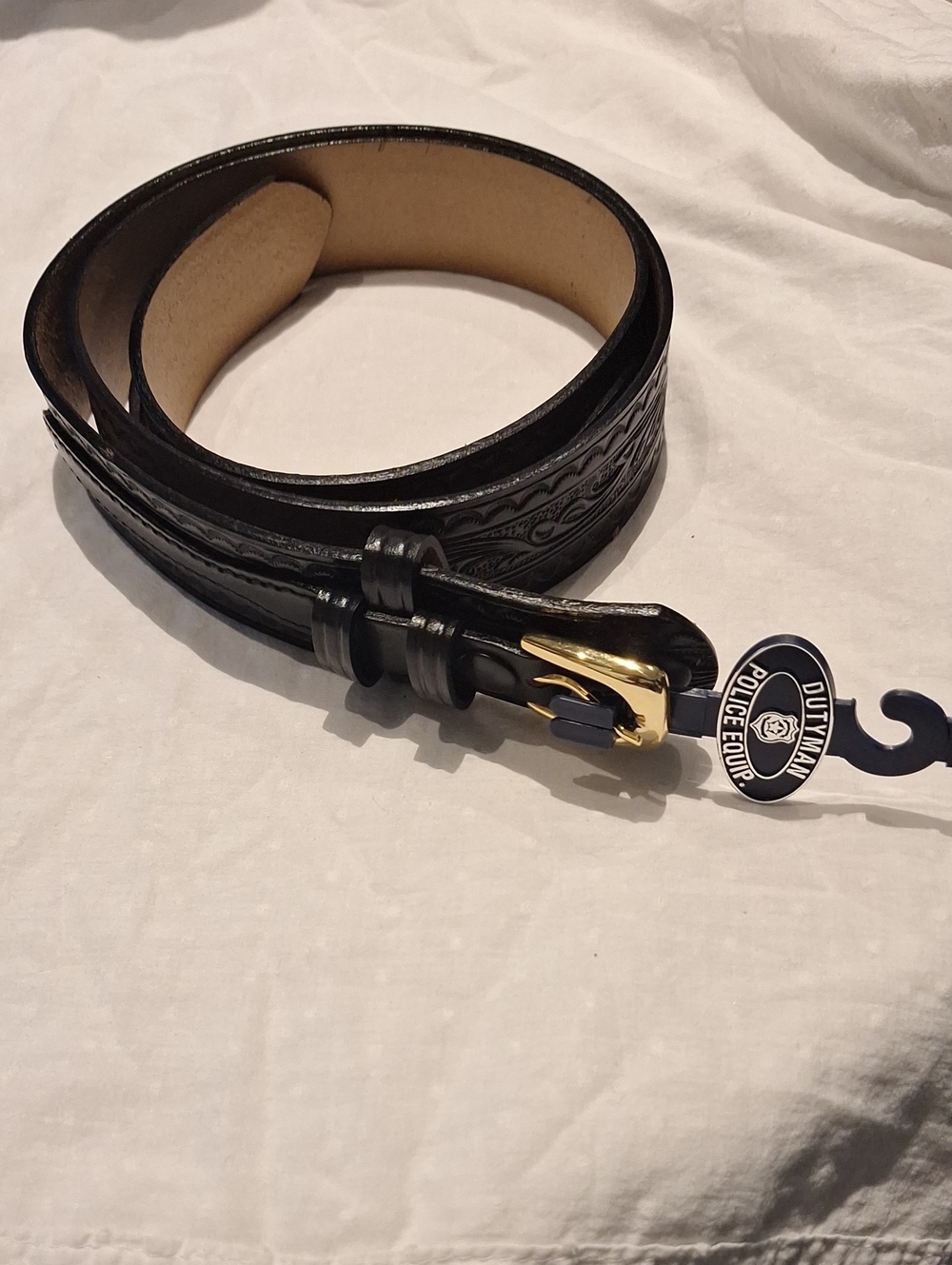 Police Dutyman Black Embossed Leather Belt with Gold-Tone Buckle